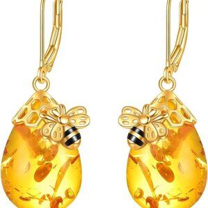 Sterling Silver Dangle Earrings Bees Amber Jewelry Gift for Women